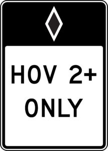 Black and white rectangular sign, featuring an image of a diamond and the words "HOV 2+ ONLY"
