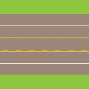 Illustration of an aerial view of a road. Center lane is separated from other lanes by solid and dashed yellow lines.