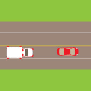 Illustration of an aerial view of a car being followed by an ambulance.