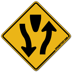 yellow diamond-shaped sign. Two side-by-side arrows, one pointing down and one pointing up, curve around a rounded object between them.