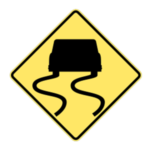Yellow diamond-shaped sign. Black silhouette of a car from behind with swerving skid marks under the tires.