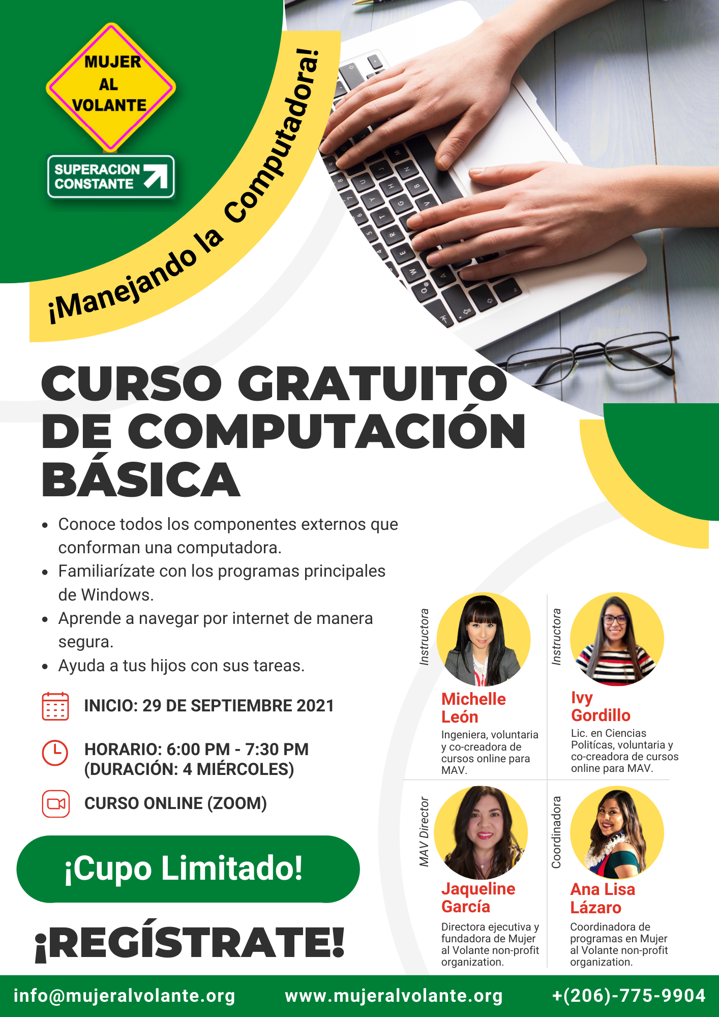 Flyer de curso basico de computacion gratuito online para mujeres latinas del estado de Washington Septiembre 2021